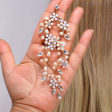 Faux Pearl Something Blue Opal Floral Earrings And Bracelet, Bridesmaid/ Bride Earrings, Gift for her, Light Weight Statement Earrings.